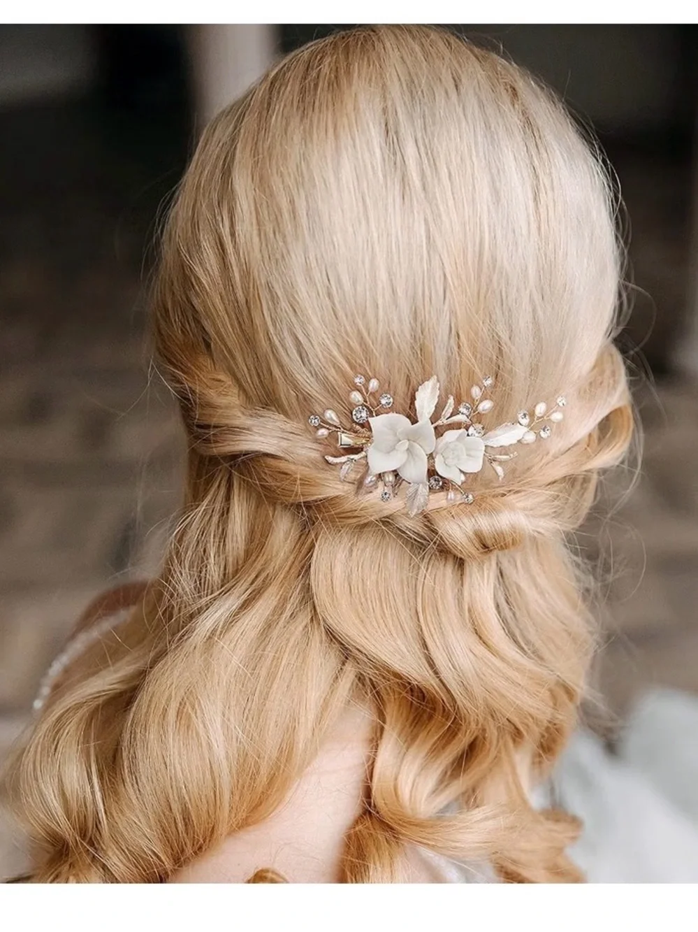 Elegant Cream Floral Hair Clip with Gold Leaves